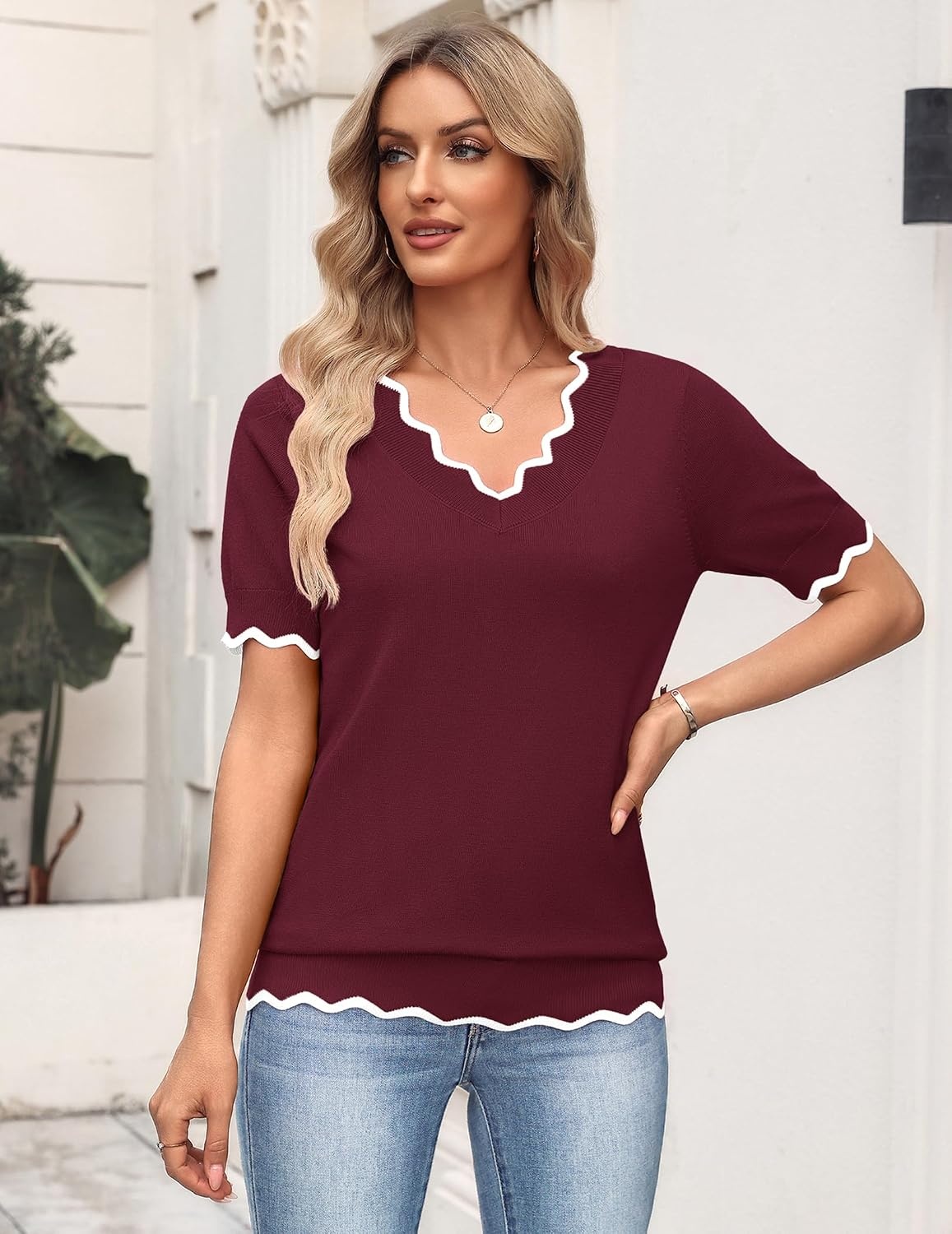 image:imageZeagoo Womens Short Sleeve Sweater 2026 Summer V Neck Tops Dressy BlousesWine Red