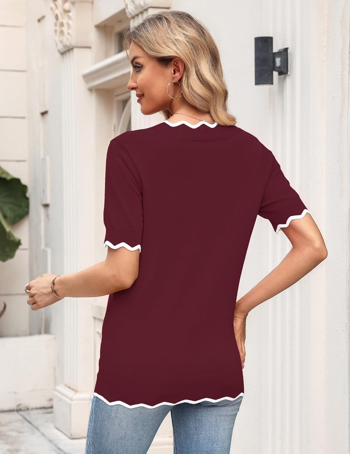 image:imageZeagoo Womens Short Sleeve Sweater 2026 Summer V Neck Tops Dressy BlousesWine Red
