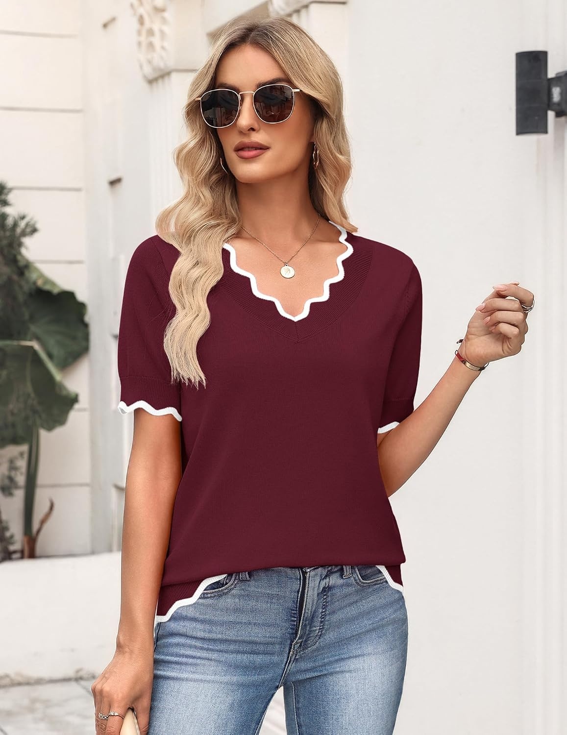 image:imageZeagoo Womens Short Sleeve Sweater 2026 Summer V Neck Tops Dressy BlousesWine Red
