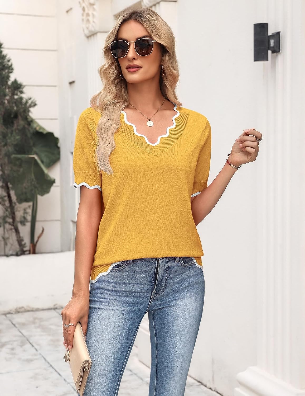 image:imageZeagoo Womens Short Sleeve Sweater 2026 Summer V Neck Tops Dressy BlousesYellow