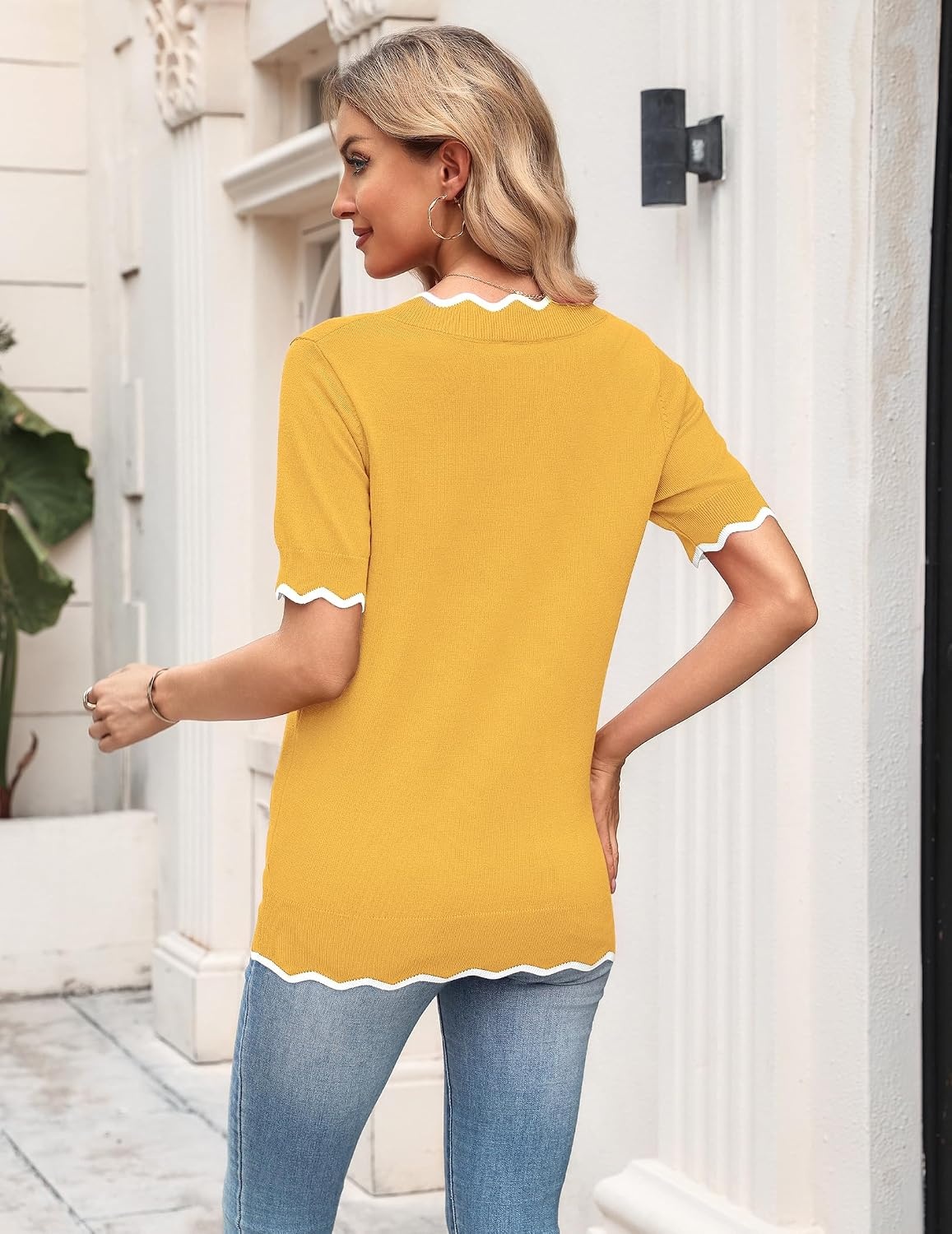 image:imageZeagoo Womens Short Sleeve Sweater 2026 Summer V Neck Tops Dressy BlousesYellow