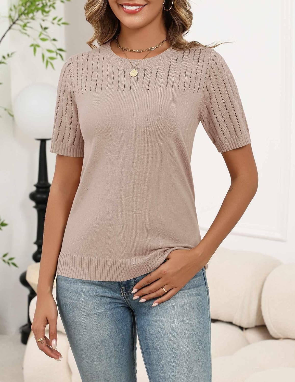 image:imageZeagoo Womens Short Sleeve Sweater Tops 2026 Spring Summer Crew Neck Hollow Out Blouses Dressy Business Casual OutfitsBeige