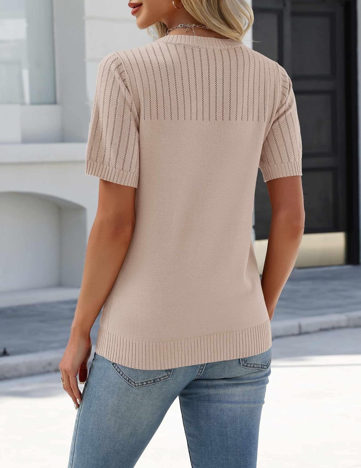 image:imageZeagoo Womens Short Sleeve Sweater Tops 2026 Spring Summer Crew Neck Hollow Out Blouses Dressy Business Casual OutfitsBeige