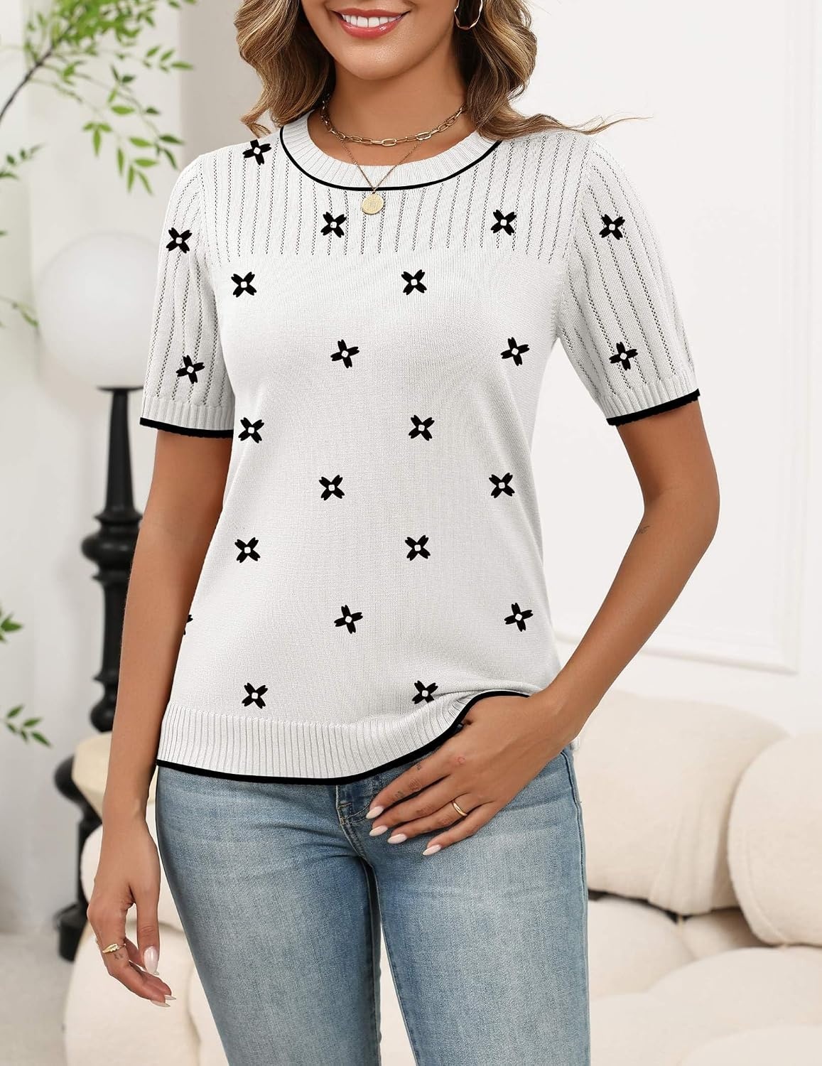 image:imageZeagoo Womens Short Sleeve Sweater Tops 2026 Spring Summer Crew Neck Hollow Out Blouses Dressy Business Casual OutfitsBlack Flower