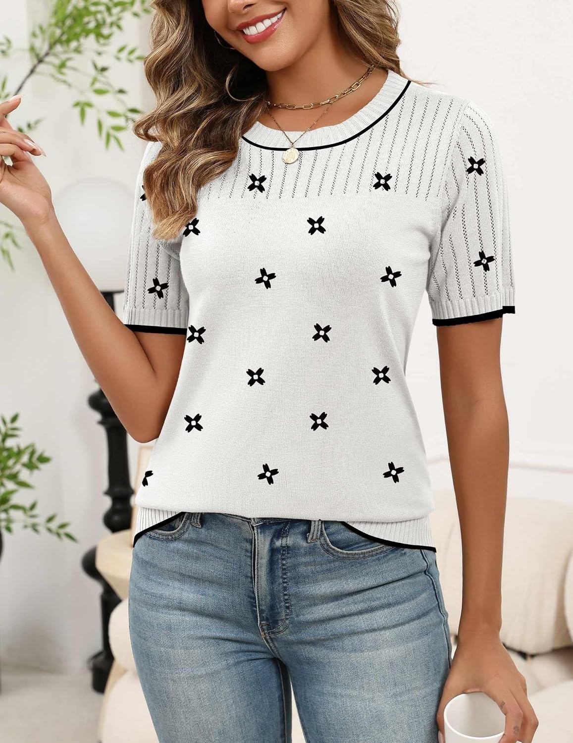 image:imageZeagoo Womens Short Sleeve Sweater Tops 2026 Spring Summer Crew Neck Hollow Out Blouses Dressy Business Casual OutfitsBlack Flower