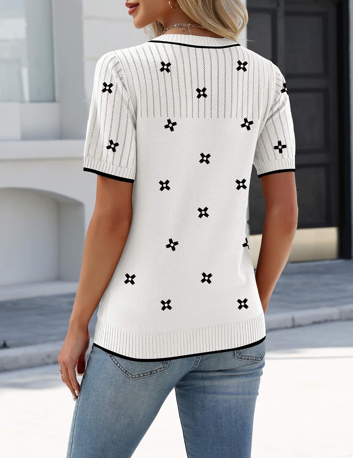 image:imageZeagoo Womens Short Sleeve Sweater Tops 2026 Spring Summer Crew Neck Hollow Out Blouses Dressy Business Casual OutfitsBlack Flower