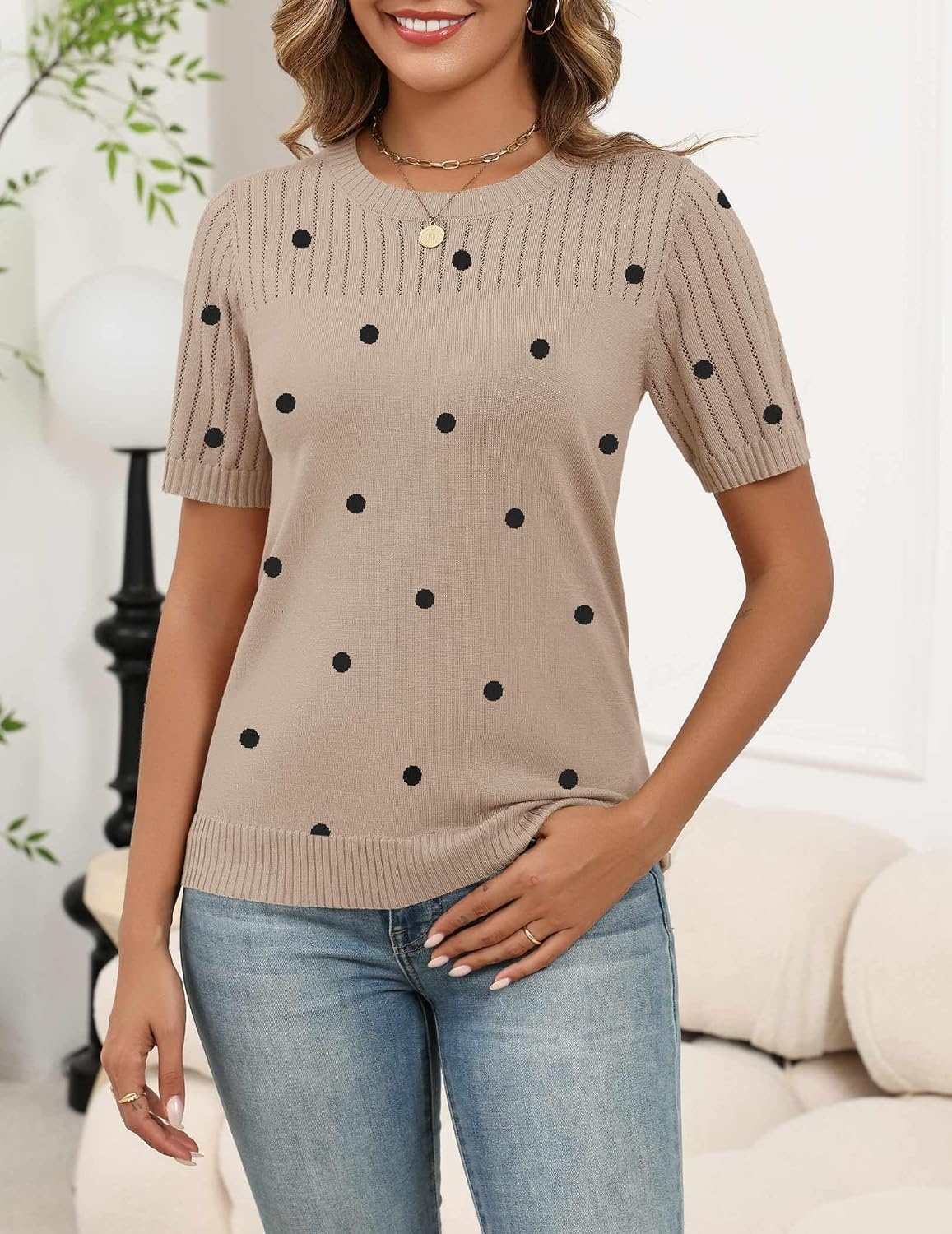image:imageZeagoo Womens Short Sleeve Sweater Tops 2026 Spring Summer Crew Neck Hollow Out Blouses Dressy Business Casual OutfitsBlack Polka Dots