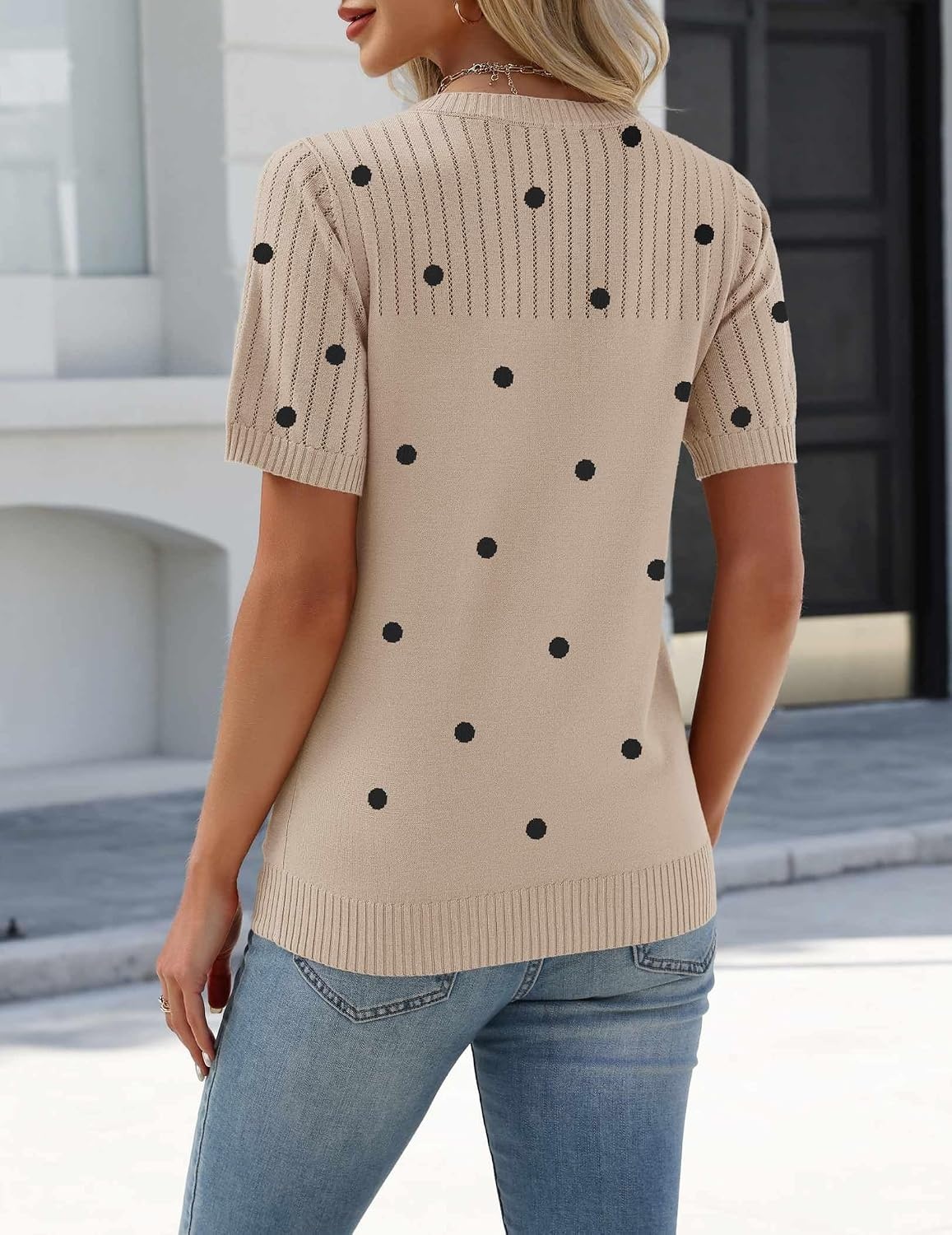 image:imageZeagoo Womens Short Sleeve Sweater Tops 2026 Spring Summer Crew Neck Hollow Out Blouses Dressy Business Casual OutfitsBlack Polka Dots