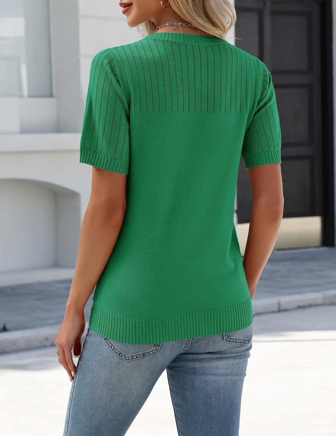 image:imageZeagoo Womens Short Sleeve Sweater Tops 2026 Spring Summer Crew Neck Hollow Out Blouses Dressy Business Casual OutfitsGreen