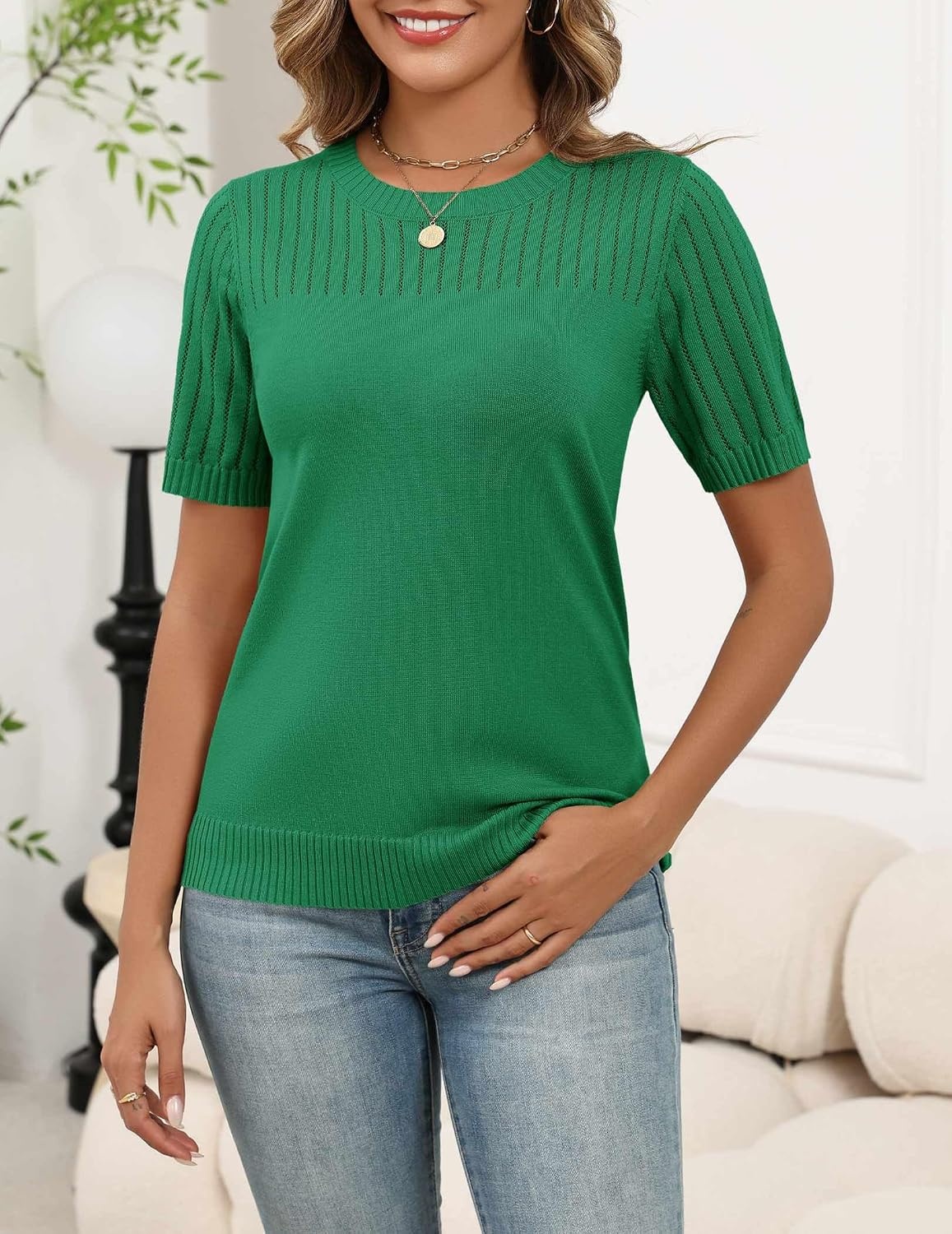image:imageZeagoo Womens Short Sleeve Sweater Tops 2026 Spring Summer Crew Neck Hollow Out Blouses Dressy Business Casual OutfitsGreen