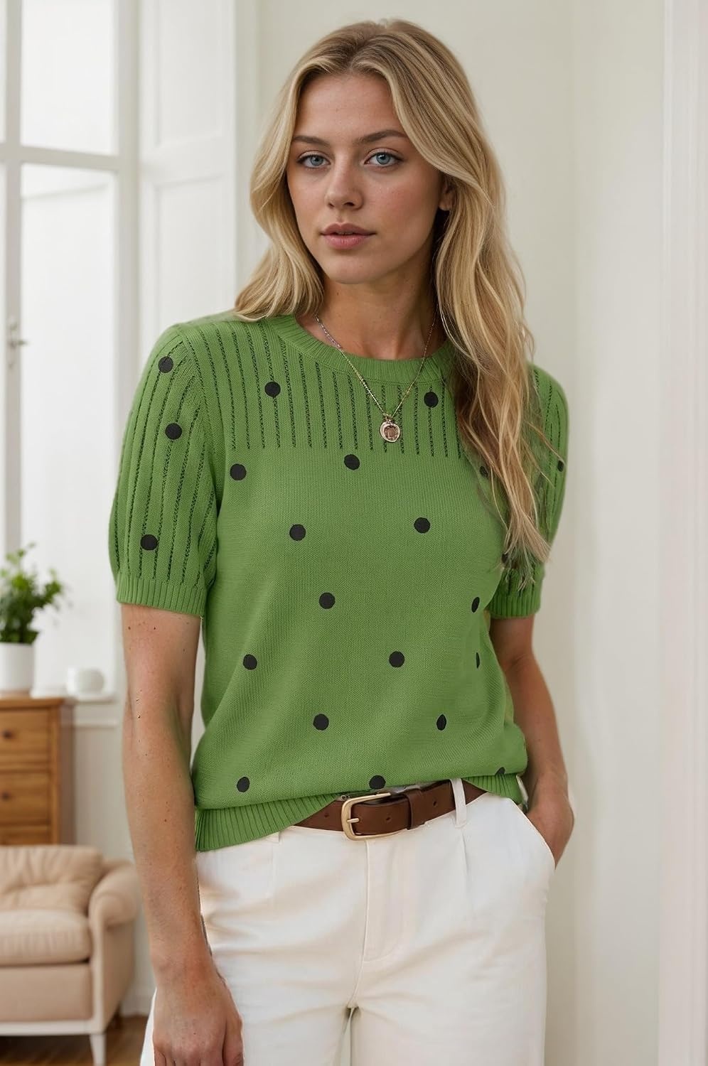 image:imageZeagoo Womens Short Sleeve Sweater Tops 2026 Spring Summer Crew Neck Hollow Out Blouses Dressy Business Casual OutfitsGreen Polka Dots