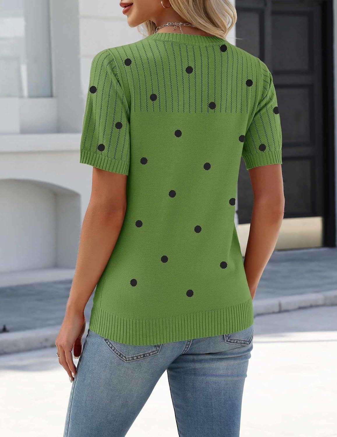 image:imageZeagoo Womens Short Sleeve Sweater Tops 2026 Spring Summer Crew Neck Hollow Out Blouses Dressy Business Casual OutfitsGreen Polka Dots