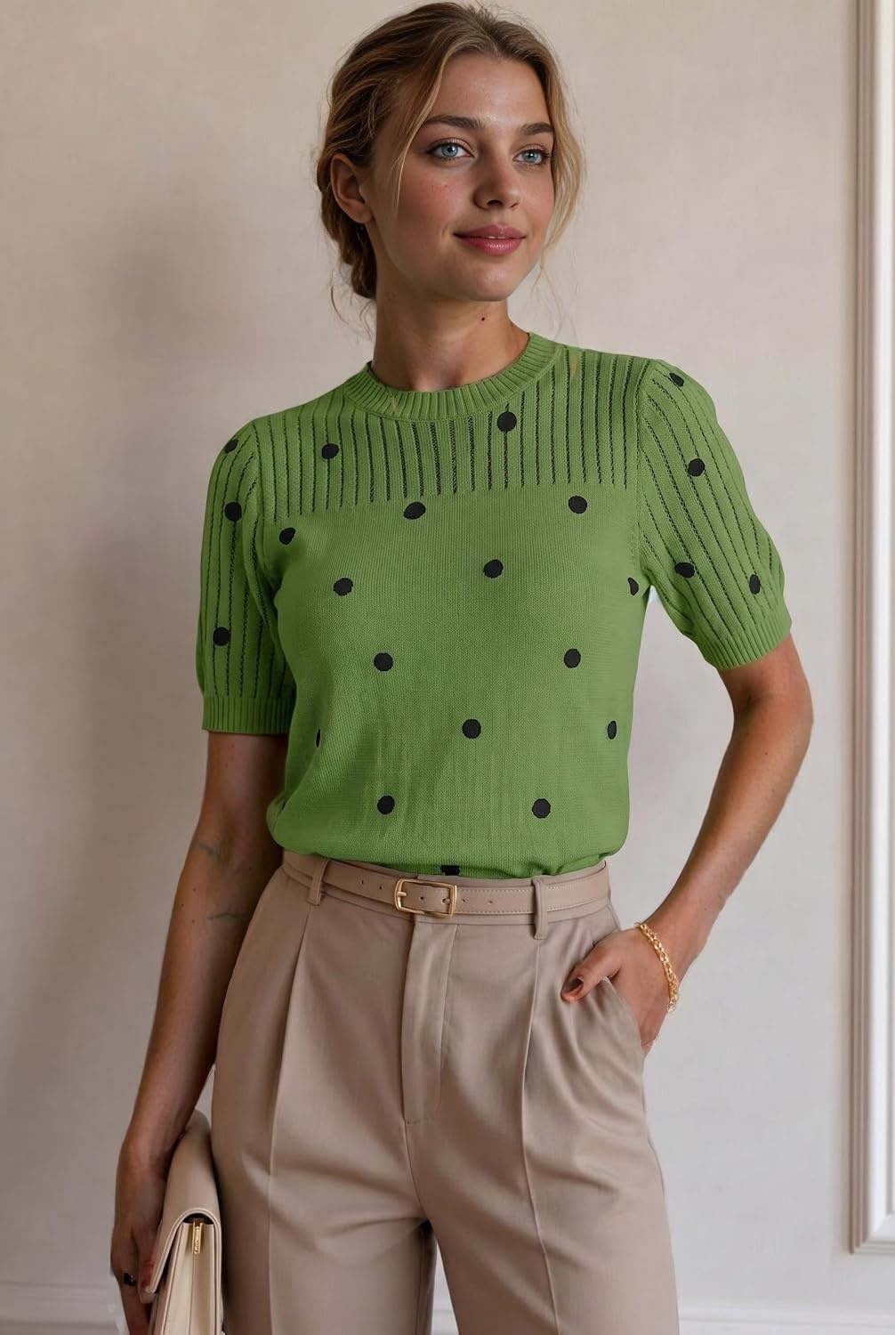 image:imageZeagoo Womens Short Sleeve Sweater Tops 2026 Spring Summer Crew Neck Hollow Out Blouses Dressy Business Casual OutfitsGreen Polka Dots