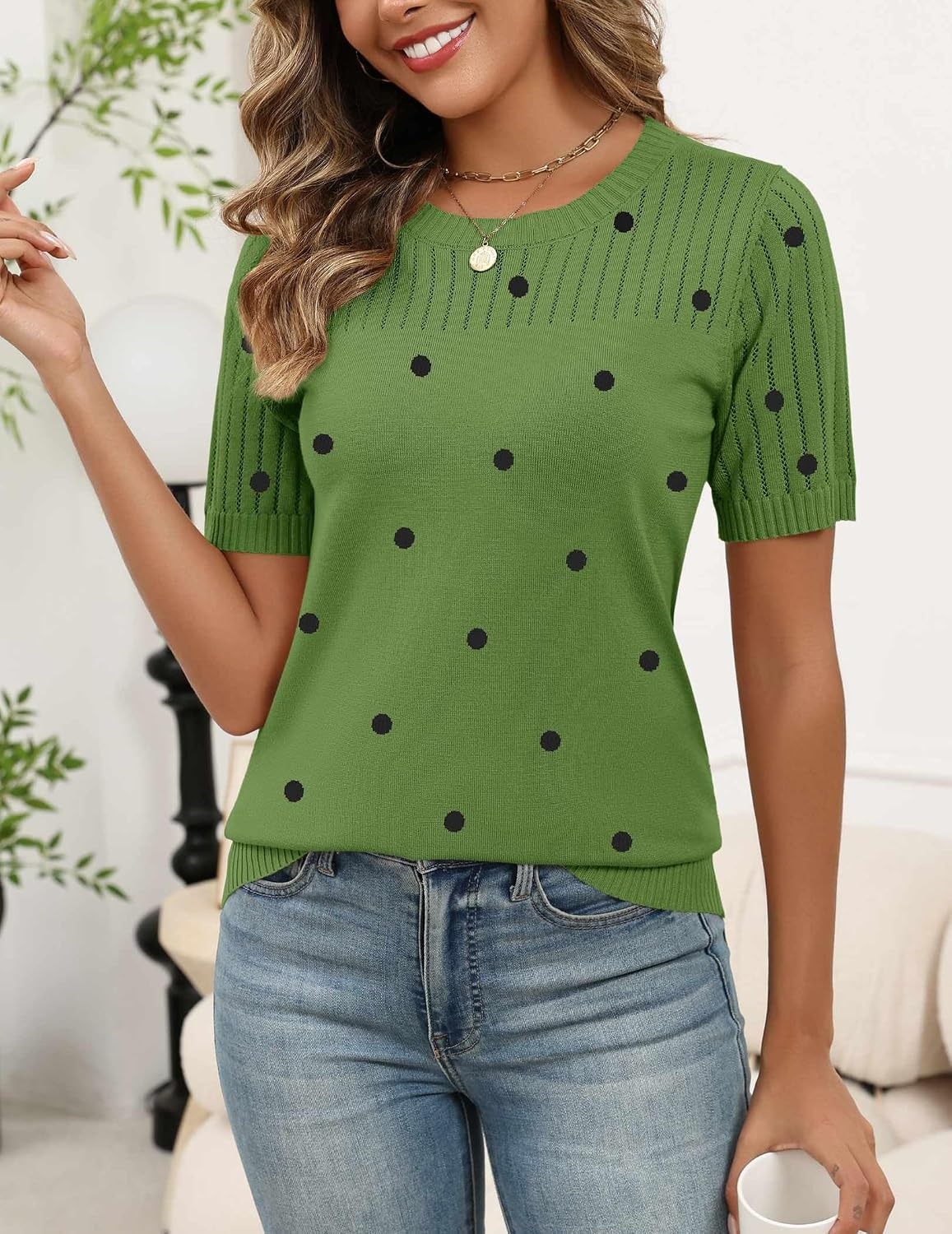 image:imageZeagoo Womens Short Sleeve Sweater Tops 2026 Spring Summer Crew Neck Hollow Out Blouses Dressy Business Casual OutfitsGreen Polka Dots