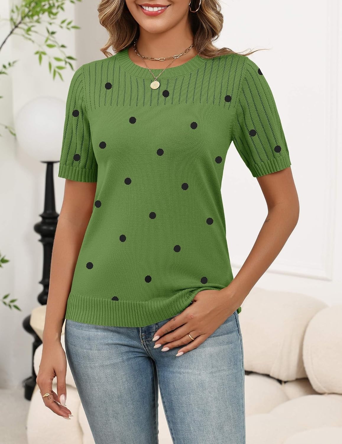 image:imageZeagoo Womens Short Sleeve Sweater Tops 2026 Spring Summer Crew Neck Hollow Out Blouses Dressy Business Casual OutfitsGreen Polka Dots