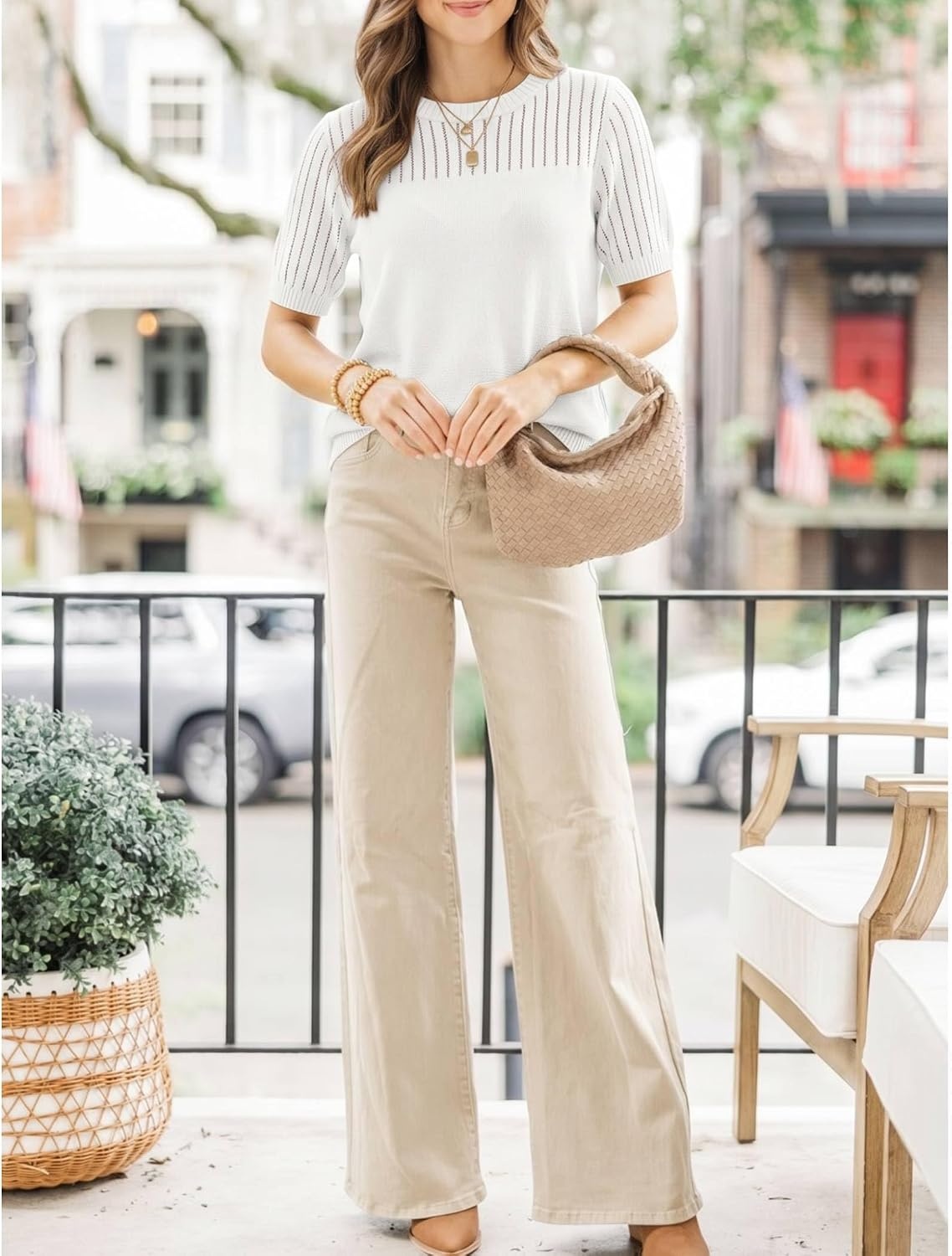 image:imageZeagoo Womens Short Sleeve Sweater Tops 2026 Spring Summer Crew Neck Hollow Out Blouses Dressy Business Casual OutfitsWhite