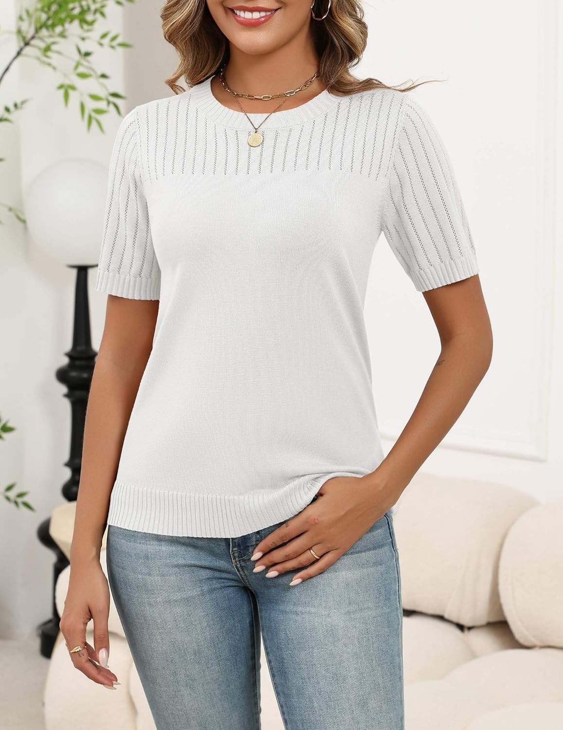 image:imageZeagoo Womens Short Sleeve Sweater Tops 2026 Spring Summer Crew Neck Hollow Out Blouses Dressy Business Casual OutfitsWhite