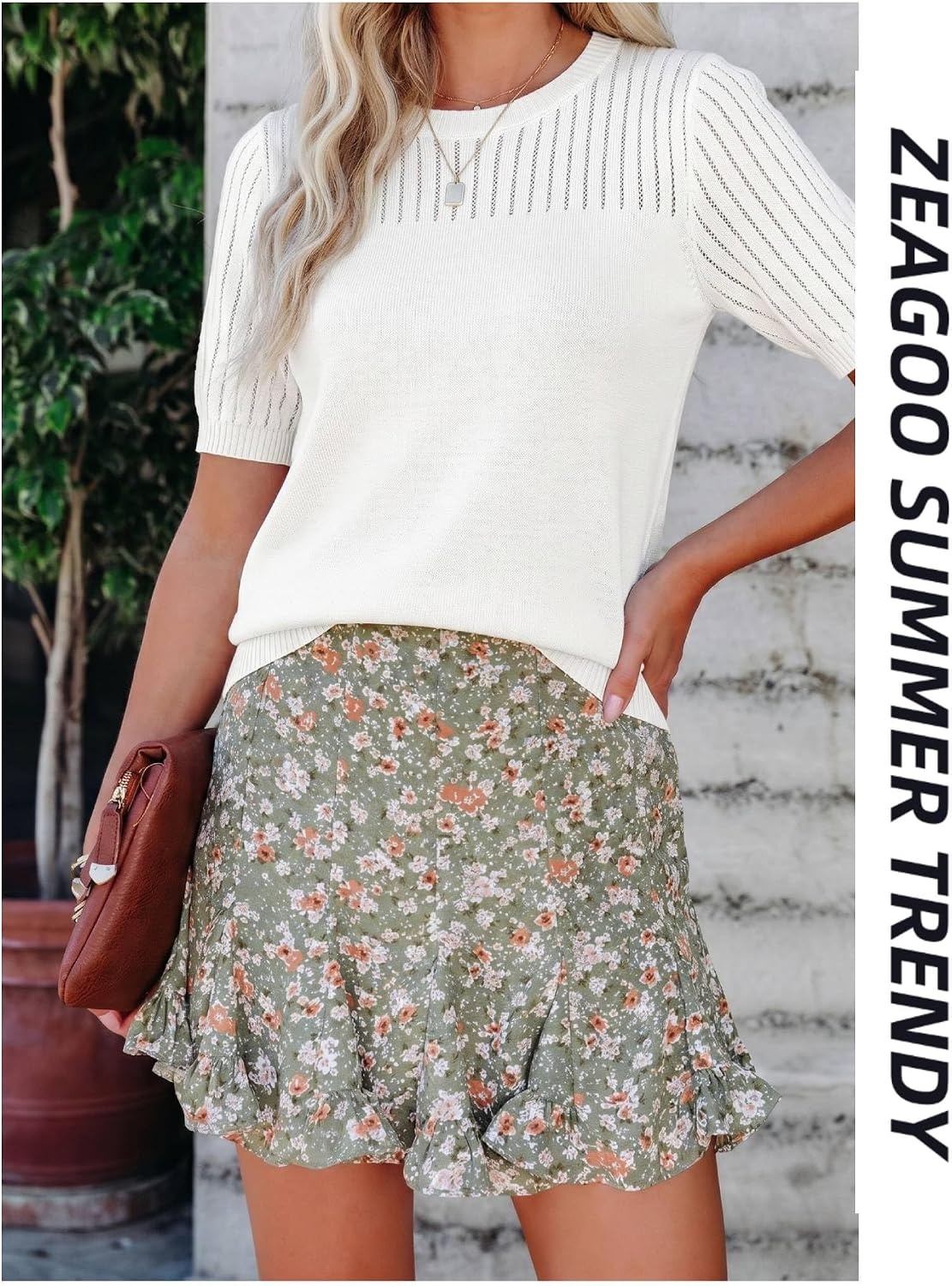 image:imageZeagoo Womens Short Sleeve Sweater Tops 2026 Spring Summer Crew Neck Hollow Out Blouses Dressy Business Casual OutfitsWhite