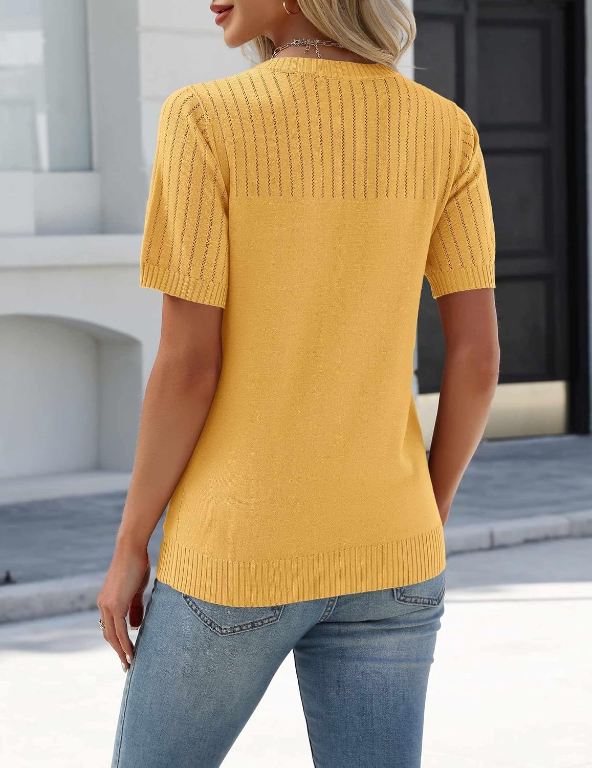 image:imageZeagoo Womens Short Sleeve Sweater Tops 2026 Spring Summer Crew Neck Hollow Out Blouses Dressy Business Casual OutfitsYellow