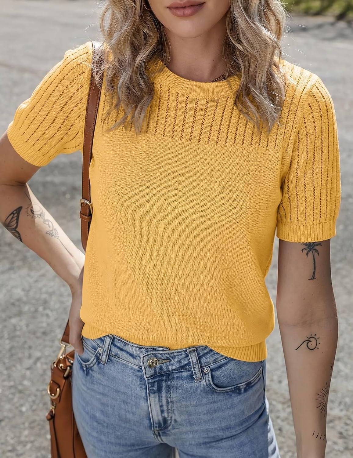 image:imageZeagoo Womens Short Sleeve Sweater Tops 2026 Spring Summer Crew Neck Hollow Out Blouses Dressy Business Casual OutfitsYellow