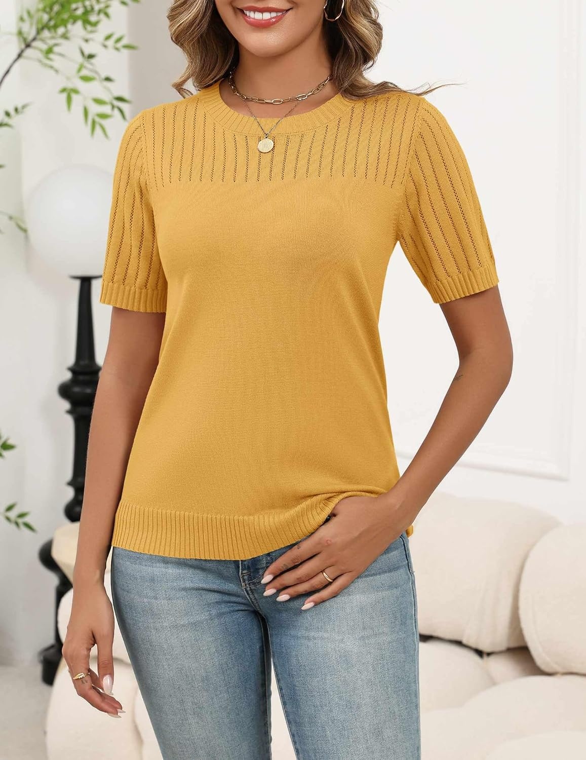 image:imageZeagoo Womens Short Sleeve Sweater Tops 2026 Spring Summer Crew Neck Hollow Out Blouses Dressy Business Casual OutfitsYellow
