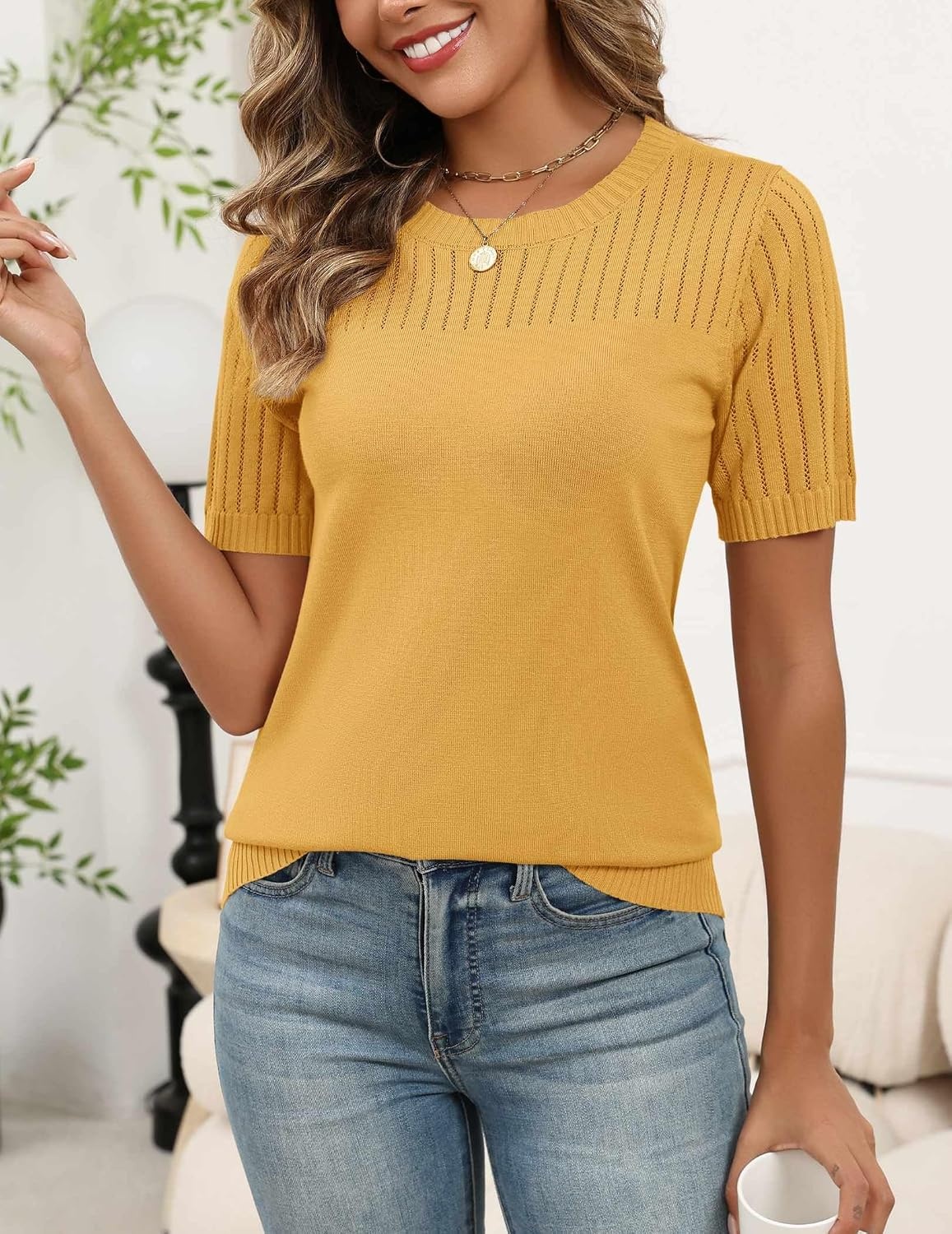 image:imageZeagoo Womens Short Sleeve Sweater Tops 2026 Spring Summer Crew Neck Hollow Out Blouses Dressy Business Casual OutfitsYellow
