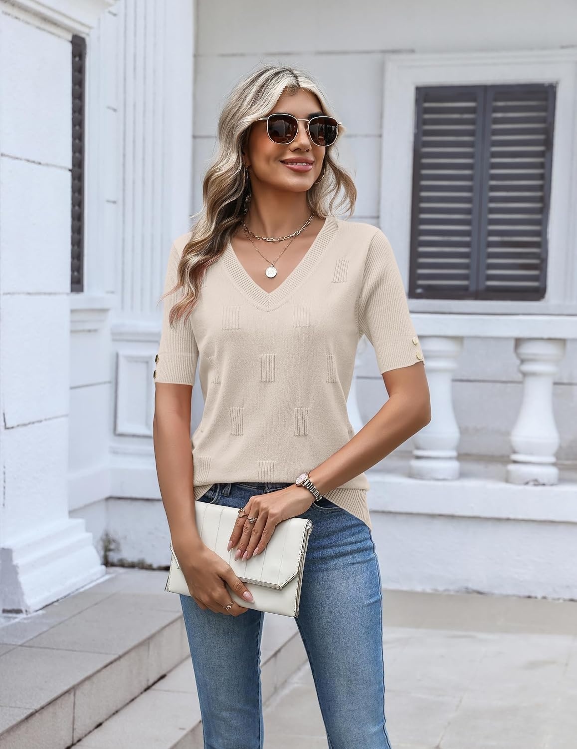 image:imageZeagoo Womens Short Sleeve Sweater V Neck Lightweight Dressy Casual OutfitsBeige