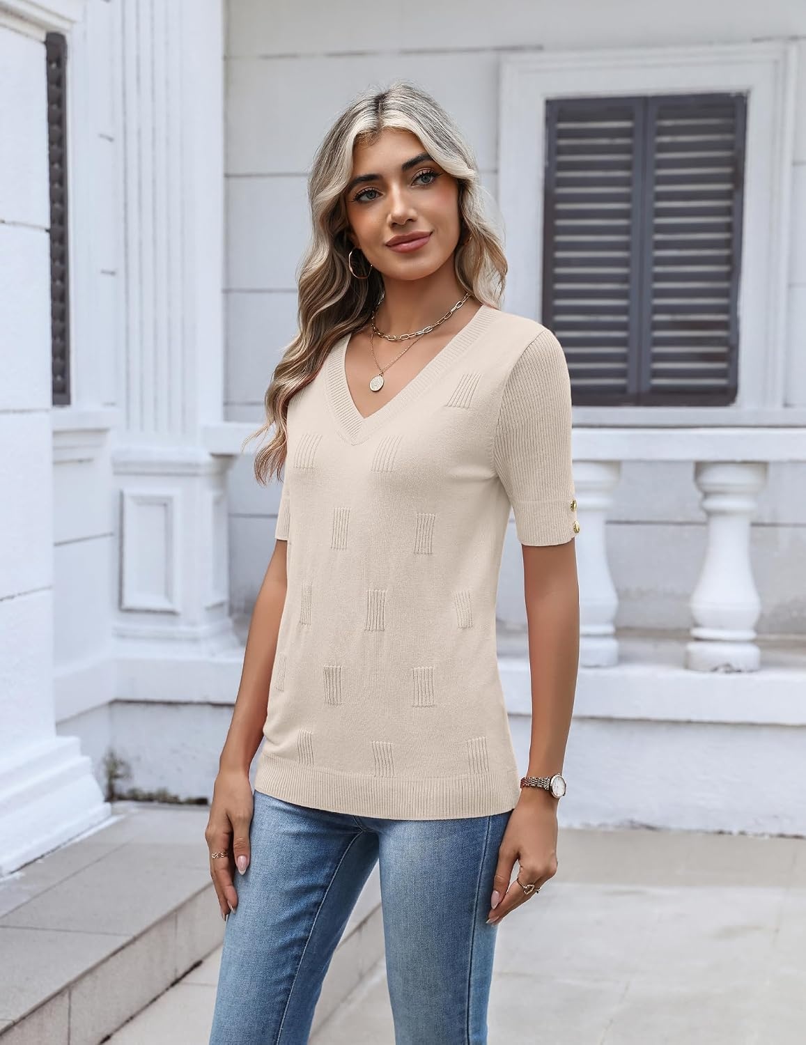 image:imageZeagoo Womens Short Sleeve Sweater V Neck Lightweight Dressy Casual OutfitsBeige
