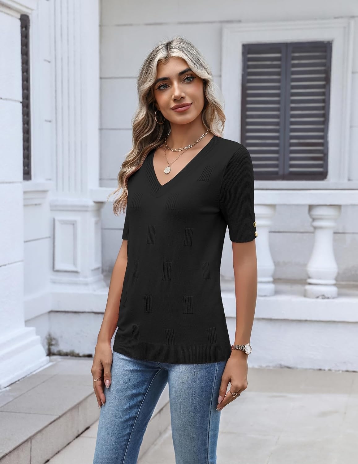 image:imageZeagoo Womens Short Sleeve Sweater V Neck Lightweight Dressy Casual OutfitsBlack