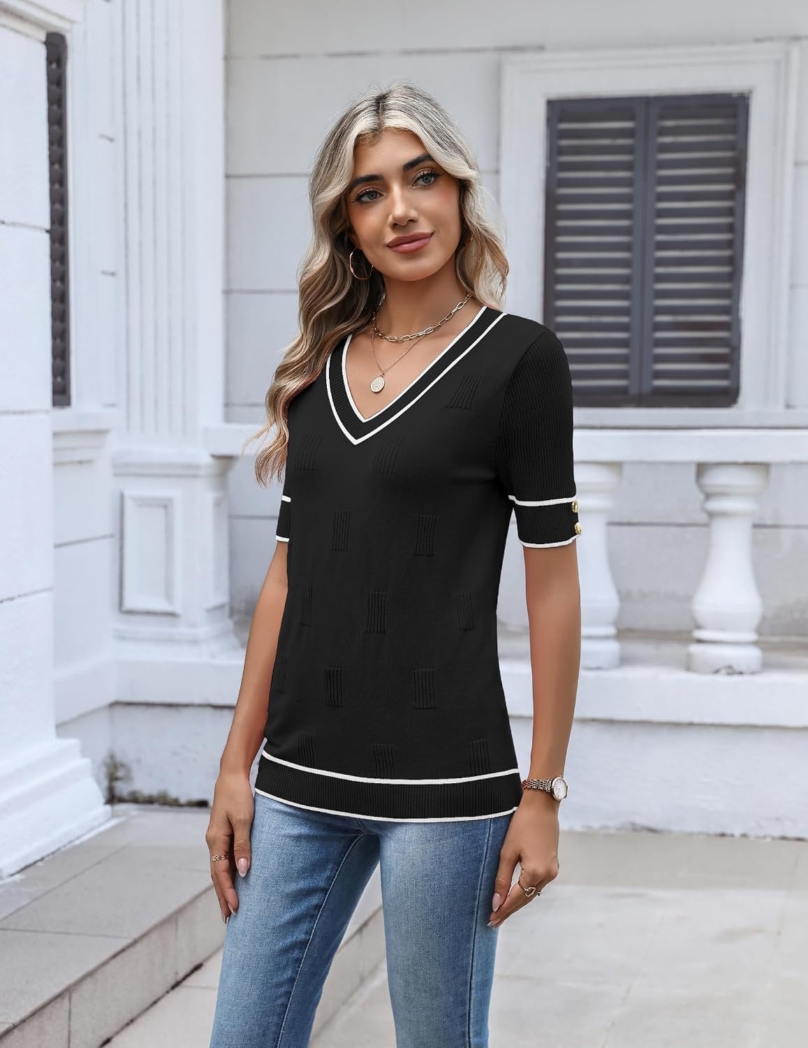 image:imageZeagoo Womens Short Sleeve Sweater V Neck Lightweight Dressy Casual OutfitsBlackwhite