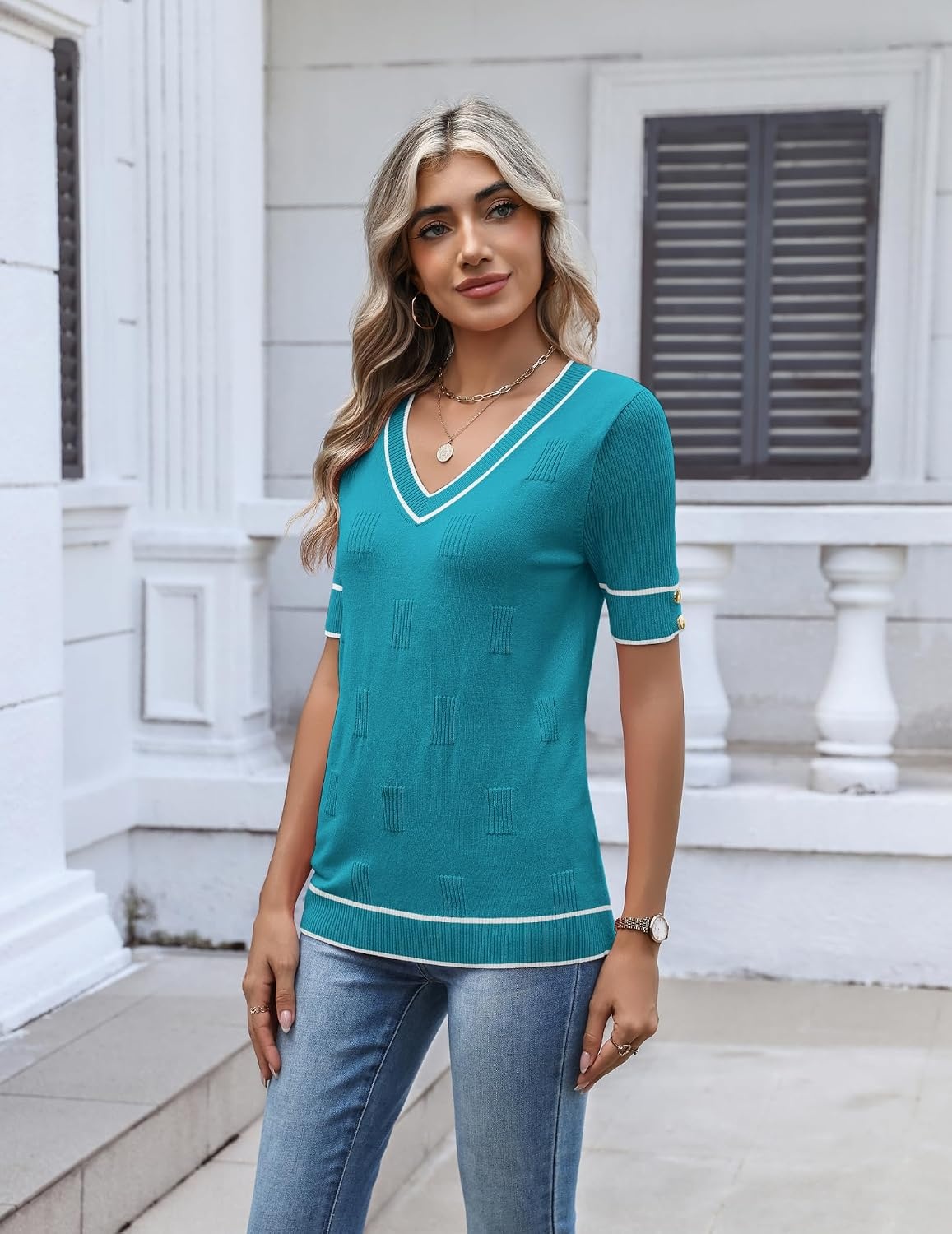 image:imageZeagoo Womens Short Sleeve Sweater V Neck Lightweight Dressy Casual OutfitsBlue Greenwhite