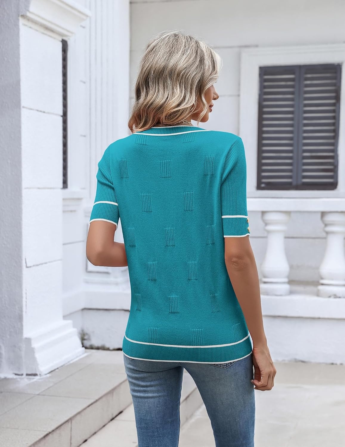 image:imageZeagoo Womens Short Sleeve Sweater V Neck Lightweight Dressy Casual OutfitsBlue Greenwhite