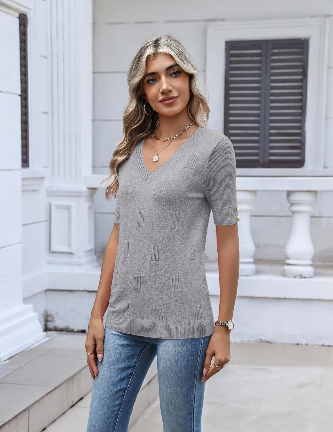 image:imageZeagoo Womens Short Sleeve Sweater V Neck Lightweight Dressy Casual OutfitsGray