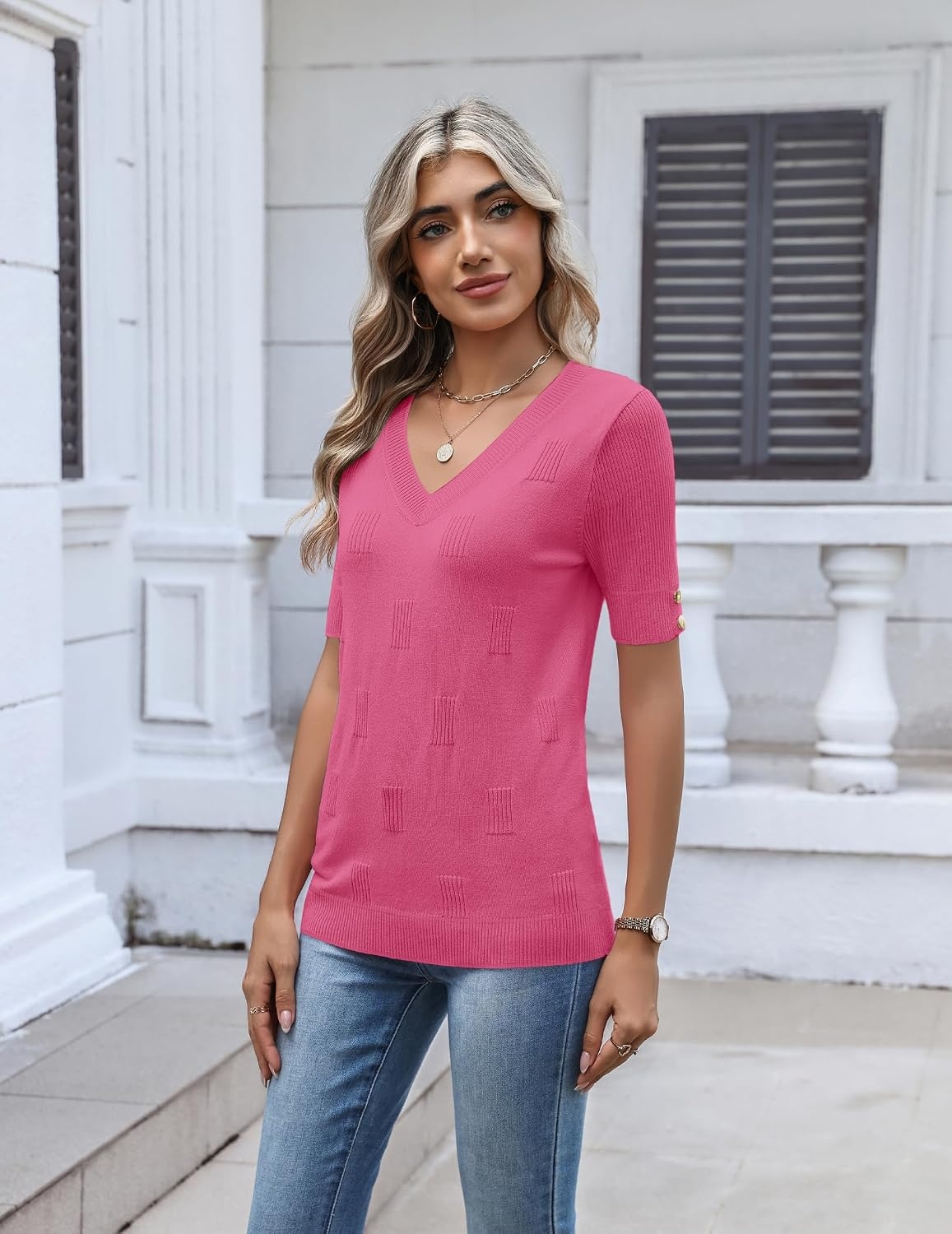 image:imageZeagoo Womens Short Sleeve Sweater V Neck Lightweight Dressy Casual OutfitsHot Pink