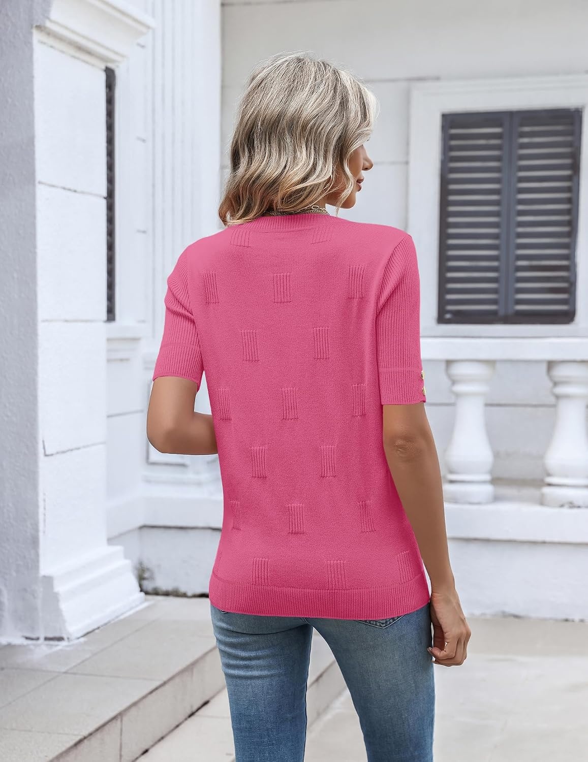image:imageZeagoo Womens Short Sleeve Sweater V Neck Lightweight Dressy Casual OutfitsHot Pink