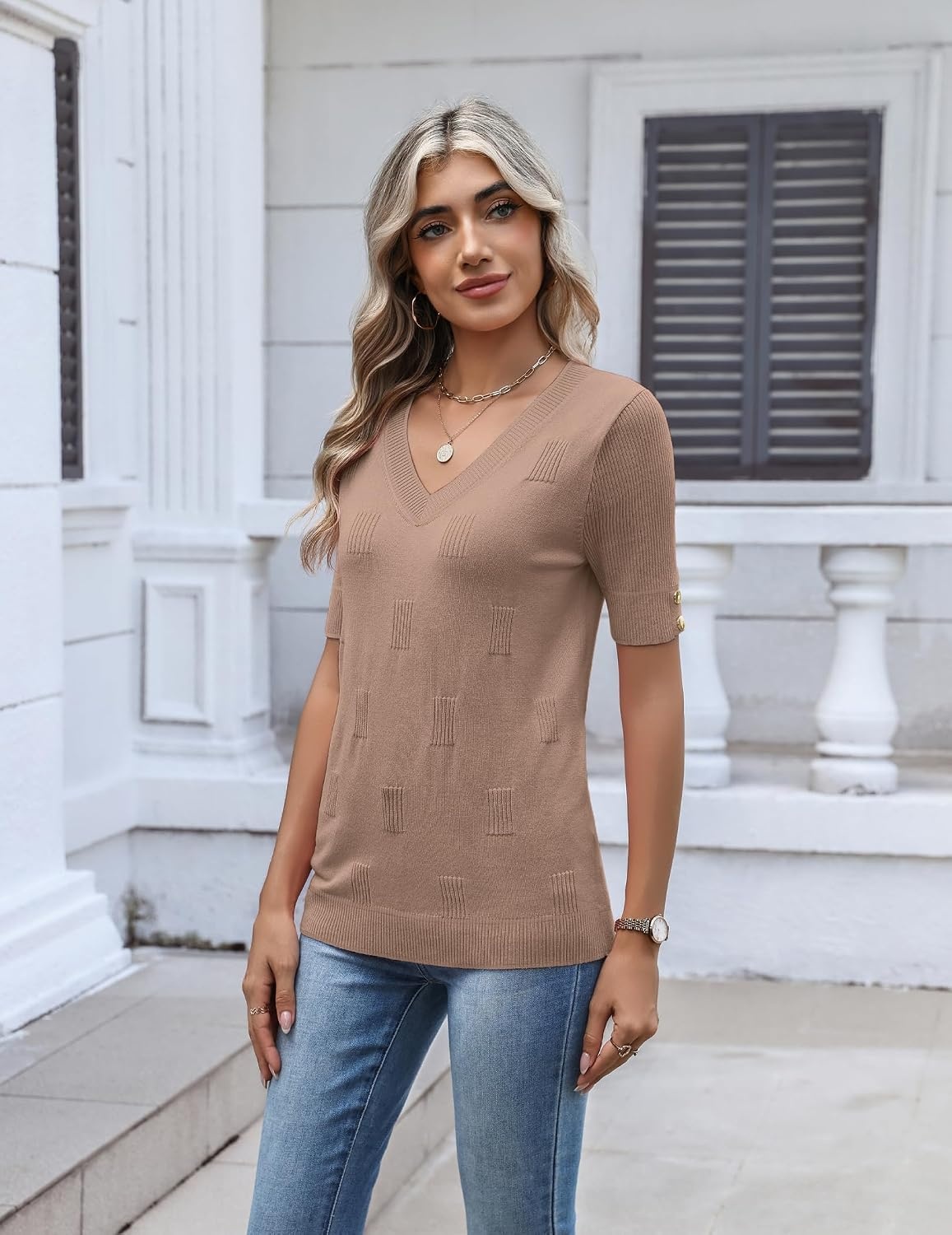 image:imageZeagoo Womens Short Sleeve Sweater V Neck Lightweight Dressy Casual OutfitsKhaki