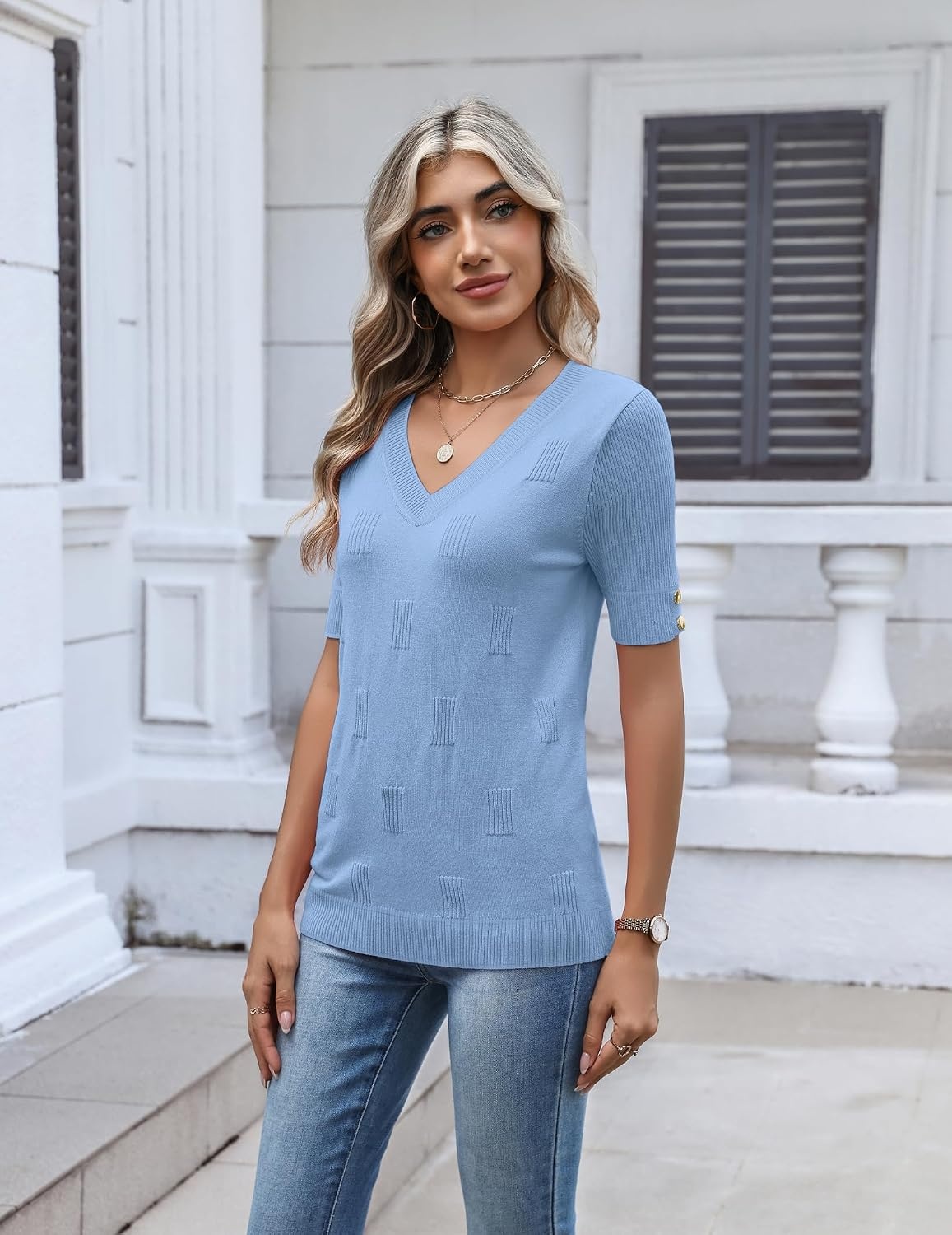 image:imageZeagoo Womens Short Sleeve Sweater V Neck Lightweight Dressy Casual OutfitsLight Blue