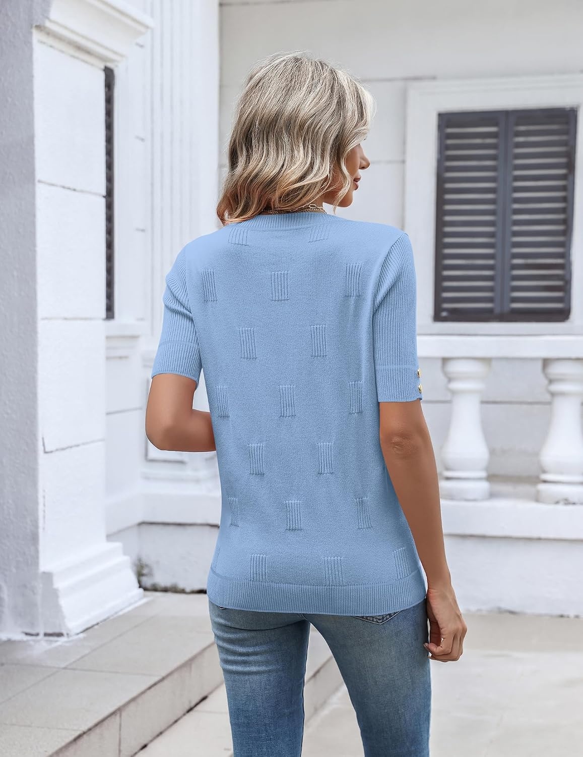 image:imageZeagoo Womens Short Sleeve Sweater V Neck Lightweight Dressy Casual OutfitsLight Blue