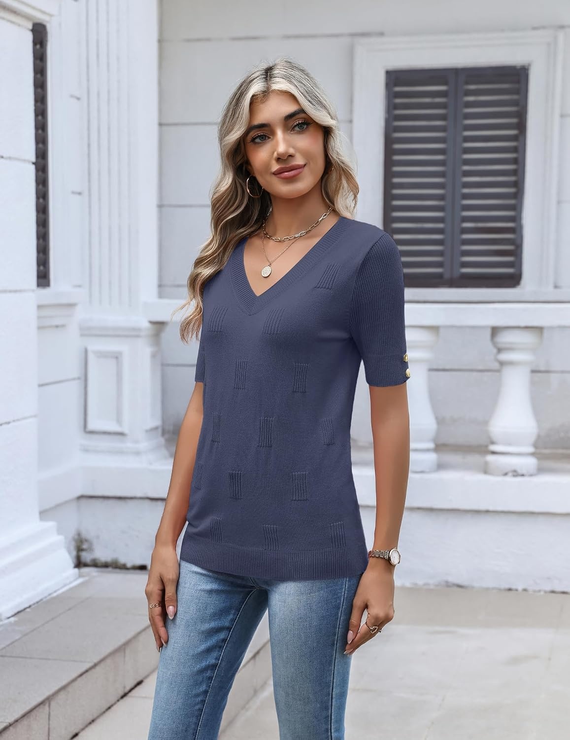 image:imageZeagoo Womens Short Sleeve Sweater V Neck Lightweight Dressy Casual OutfitsNavy Blue