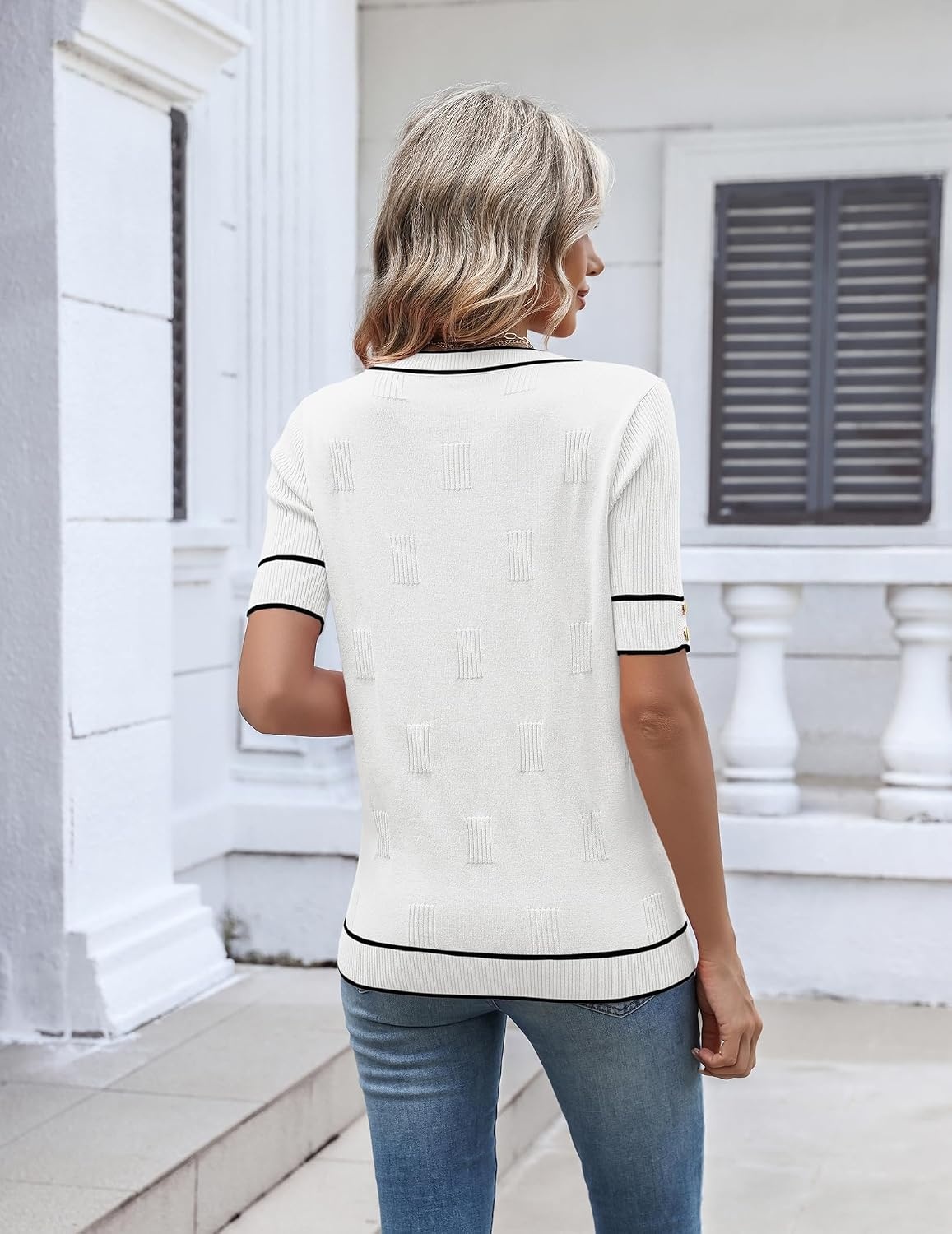image:imageZeagoo Womens Short Sleeve Sweater V Neck Lightweight Dressy Casual OutfitsWhiteblack