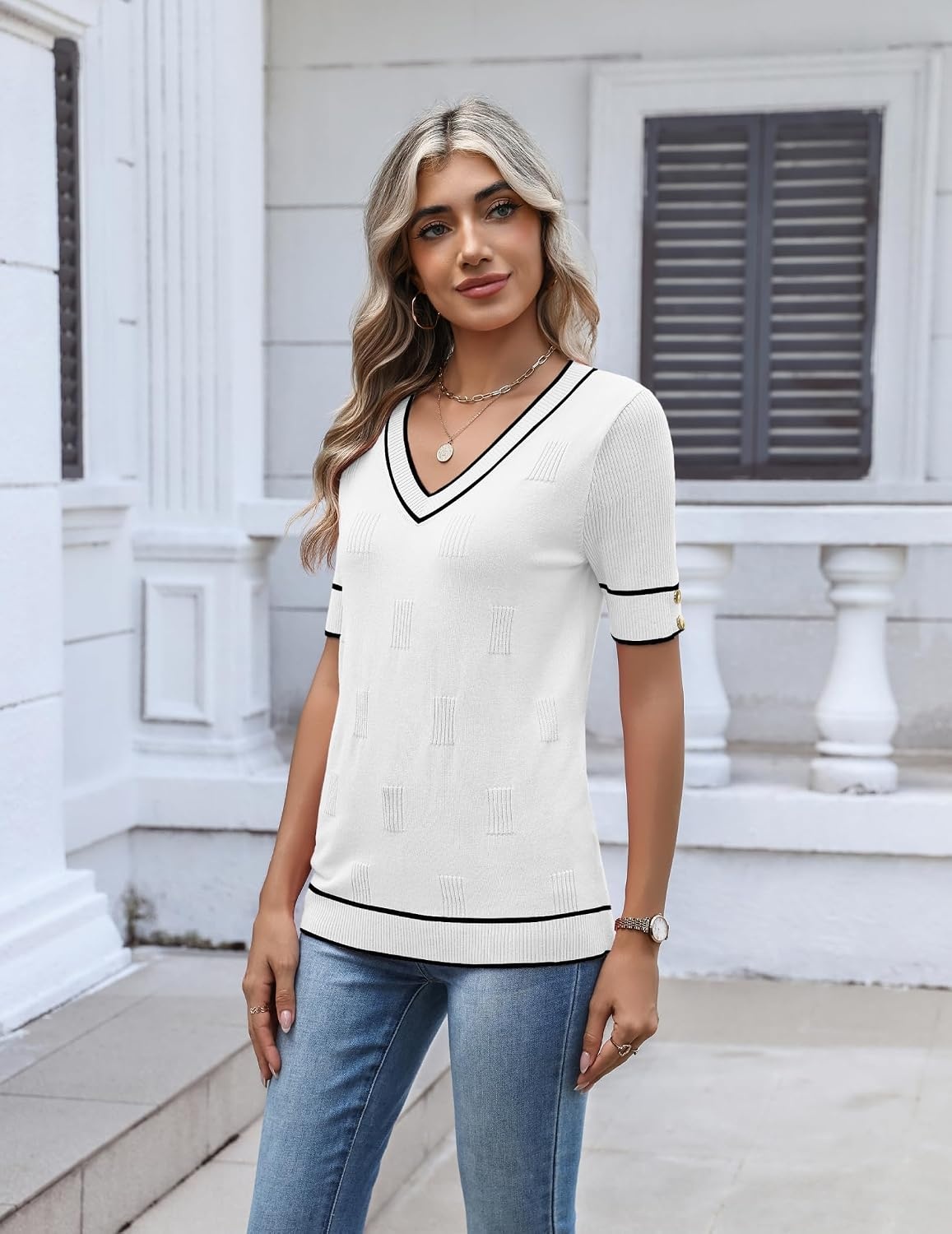 image:imageZeagoo Womens Short Sleeve Sweater V Neck Lightweight Dressy Casual OutfitsWhiteblack