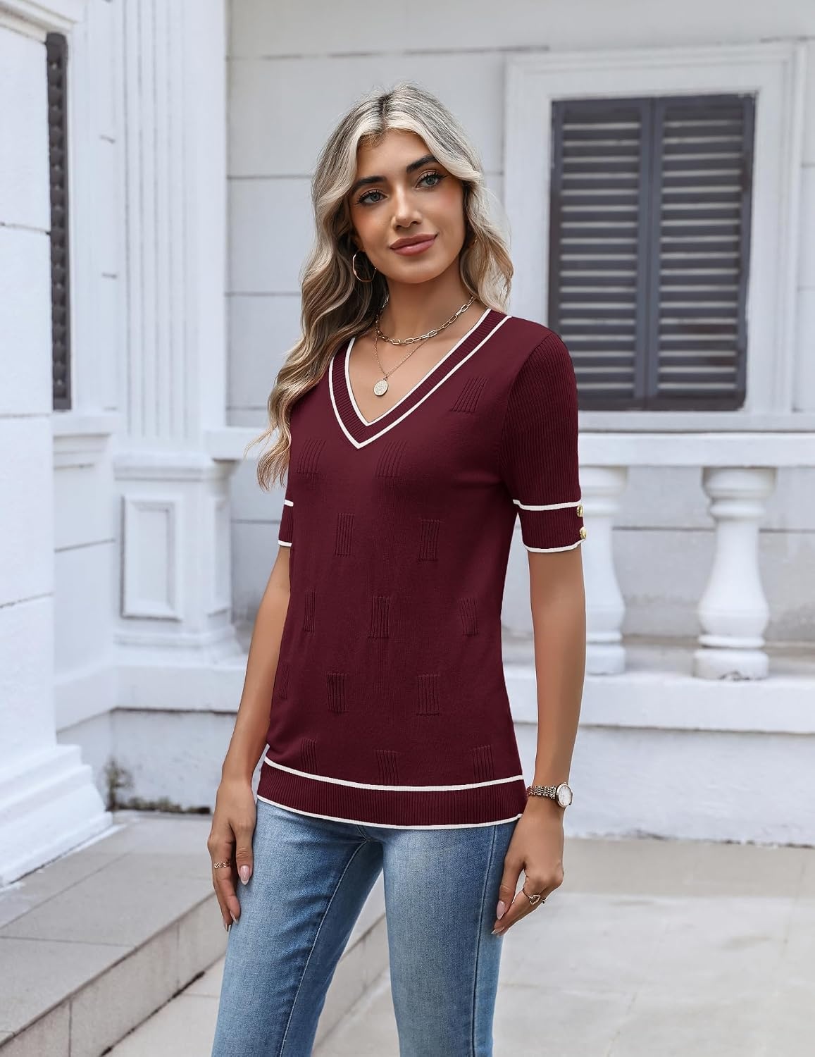 image:imageZeagoo Womens Short Sleeve Sweater V Neck Lightweight Dressy Casual OutfitsWine Redwhite