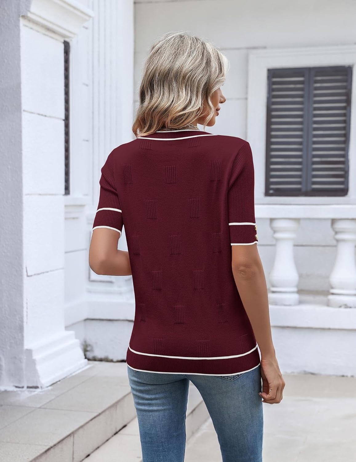image:imageZeagoo Womens Short Sleeve Sweater V Neck Lightweight Dressy Casual OutfitsWine Redwhite