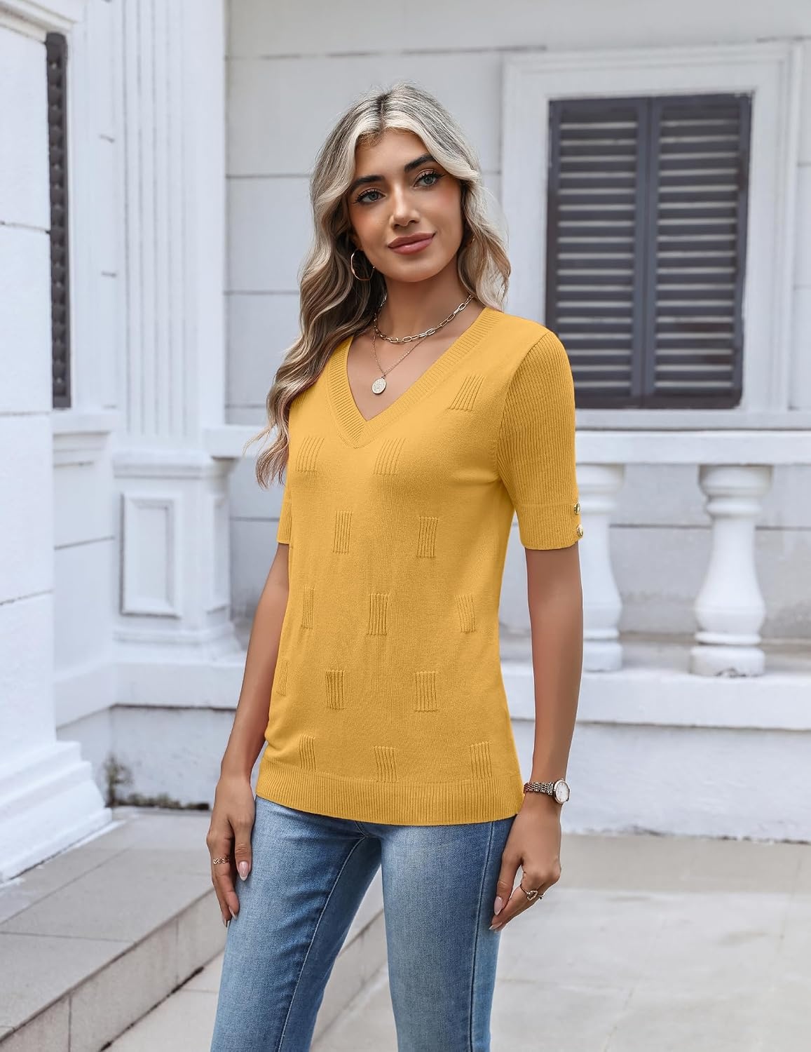 image:imageZeagoo Womens Short Sleeve Sweater V Neck Lightweight Dressy Casual OutfitsYellow