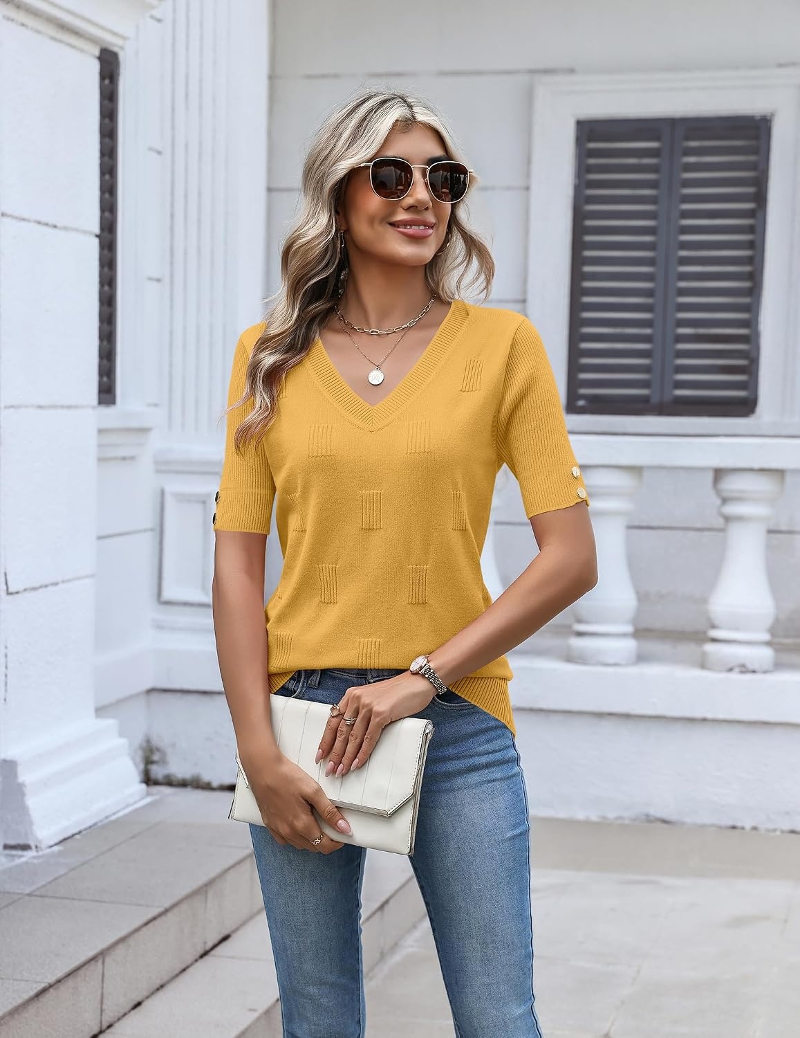 image:imageZeagoo Womens Short Sleeve Sweater V Neck Lightweight Dressy Casual OutfitsYellow