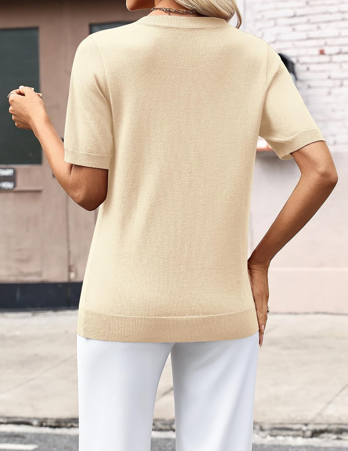 image:imageZeagoo Womens Short Sleeve Sweaters Summer V Neck Business Casual Knit TopsBeige