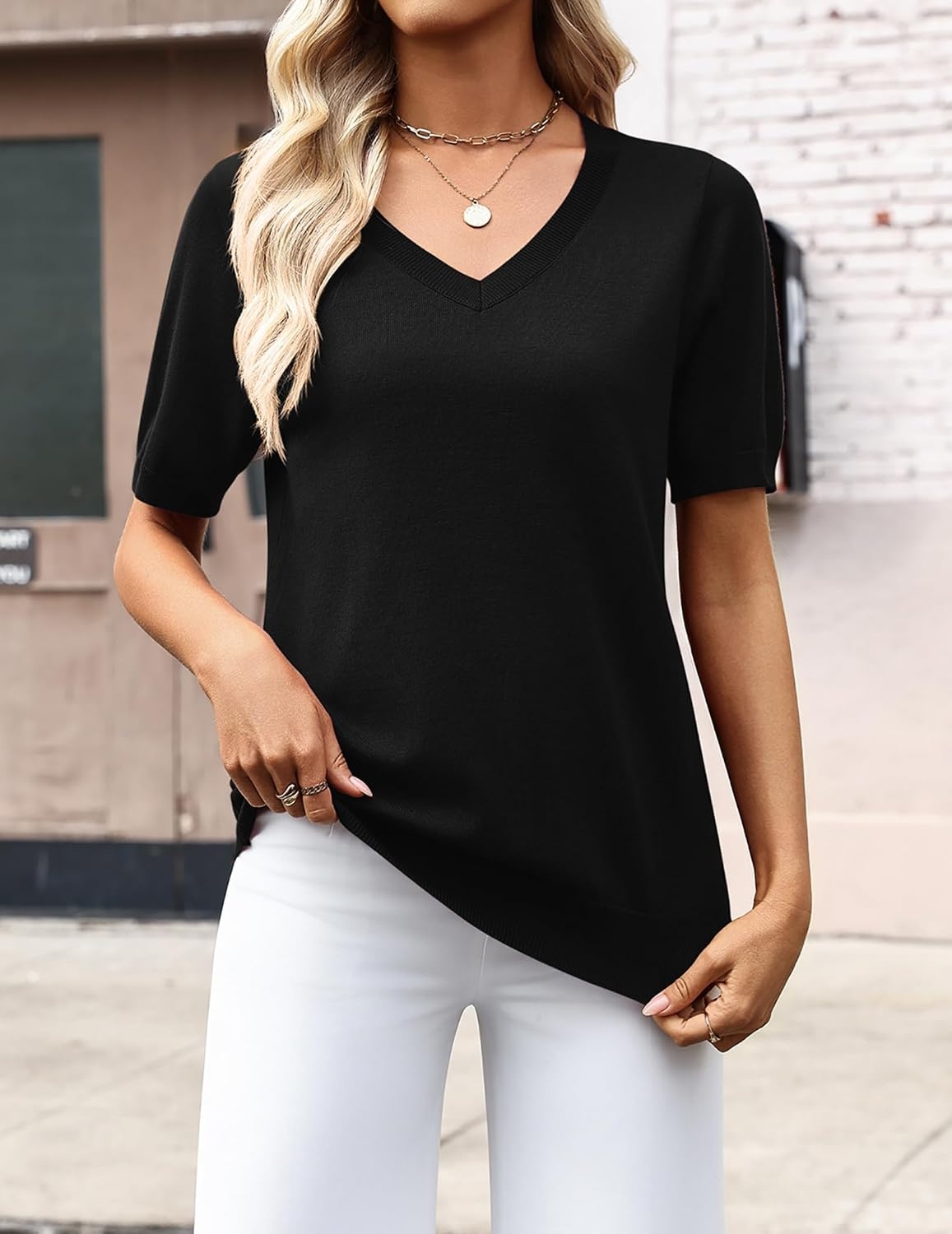 image:imageZeagoo Womens Short Sleeve Sweaters Summer V Neck Business Casual Knit TopsBlack