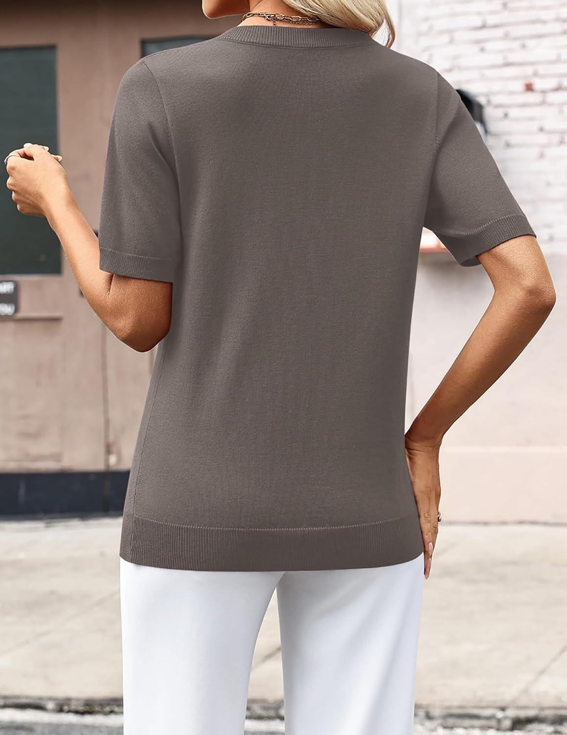 image:imageZeagoo Womens Short Sleeve Sweaters Summer V Neck Business Casual Knit TopsCoffee