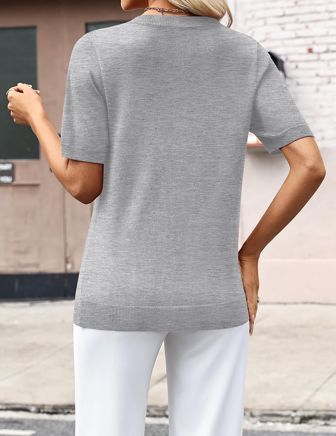 image:imageZeagoo Womens Short Sleeve Sweaters Summer V Neck Business Casual Knit TopsLight Gray