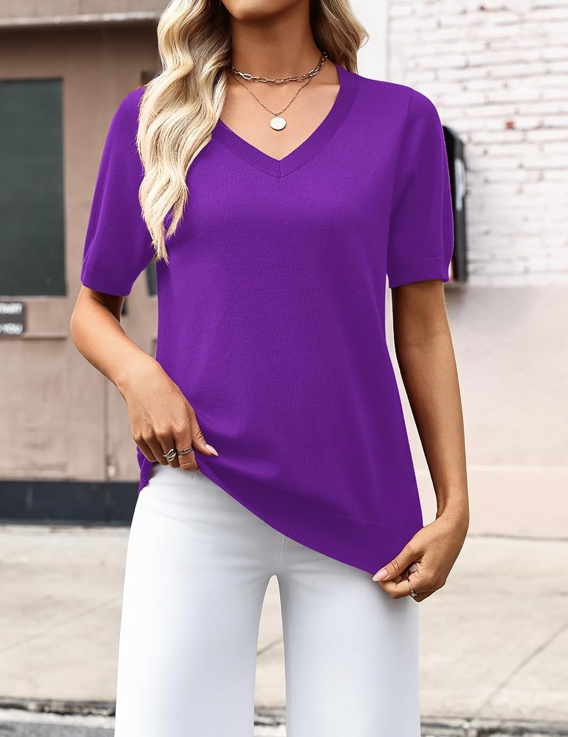 image:imageZeagoo Womens Short Sleeve Sweaters Summer V Neck Business Casual Knit TopsPurple